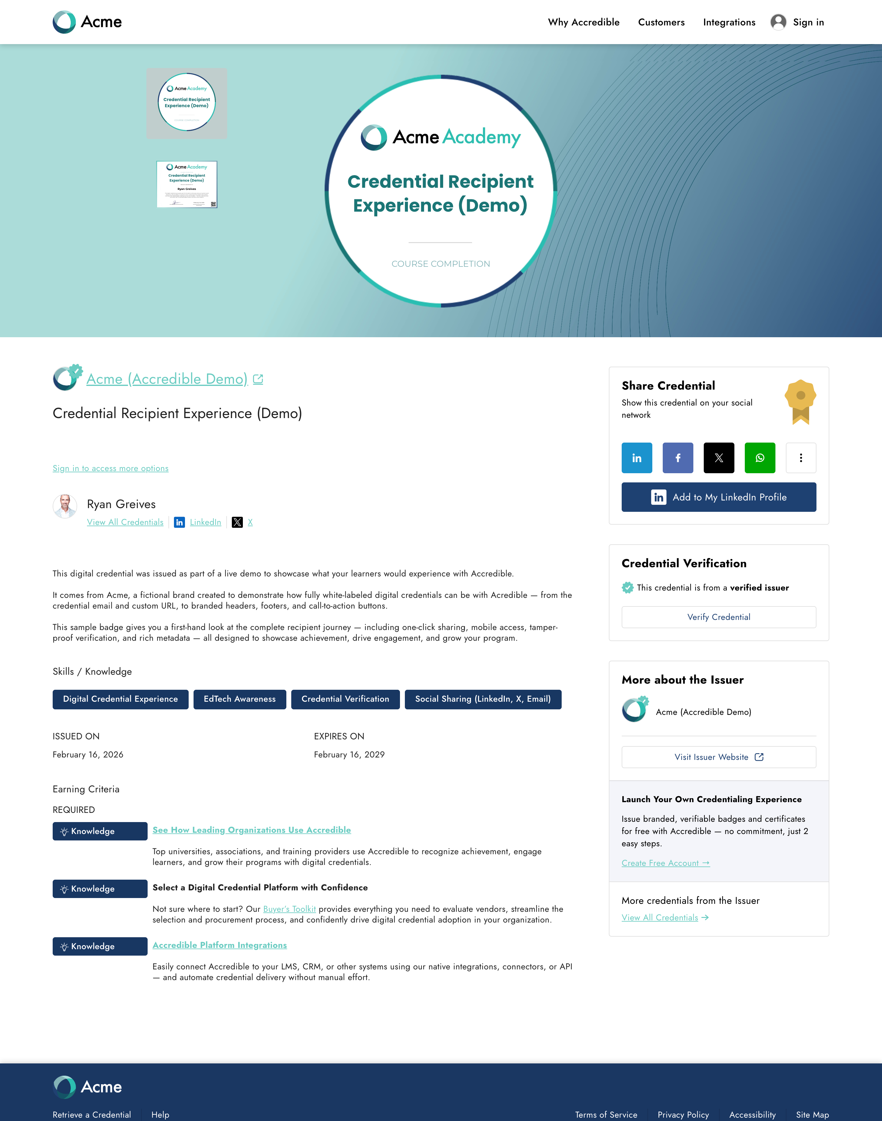 Screenshot of an Accredible digital credential page for Acme Academy, showing the credential title, skills tags, issue and expiry dates, earning criteria, and one-click sharing options including LinkedIn, Facebook, and WhatsApp.