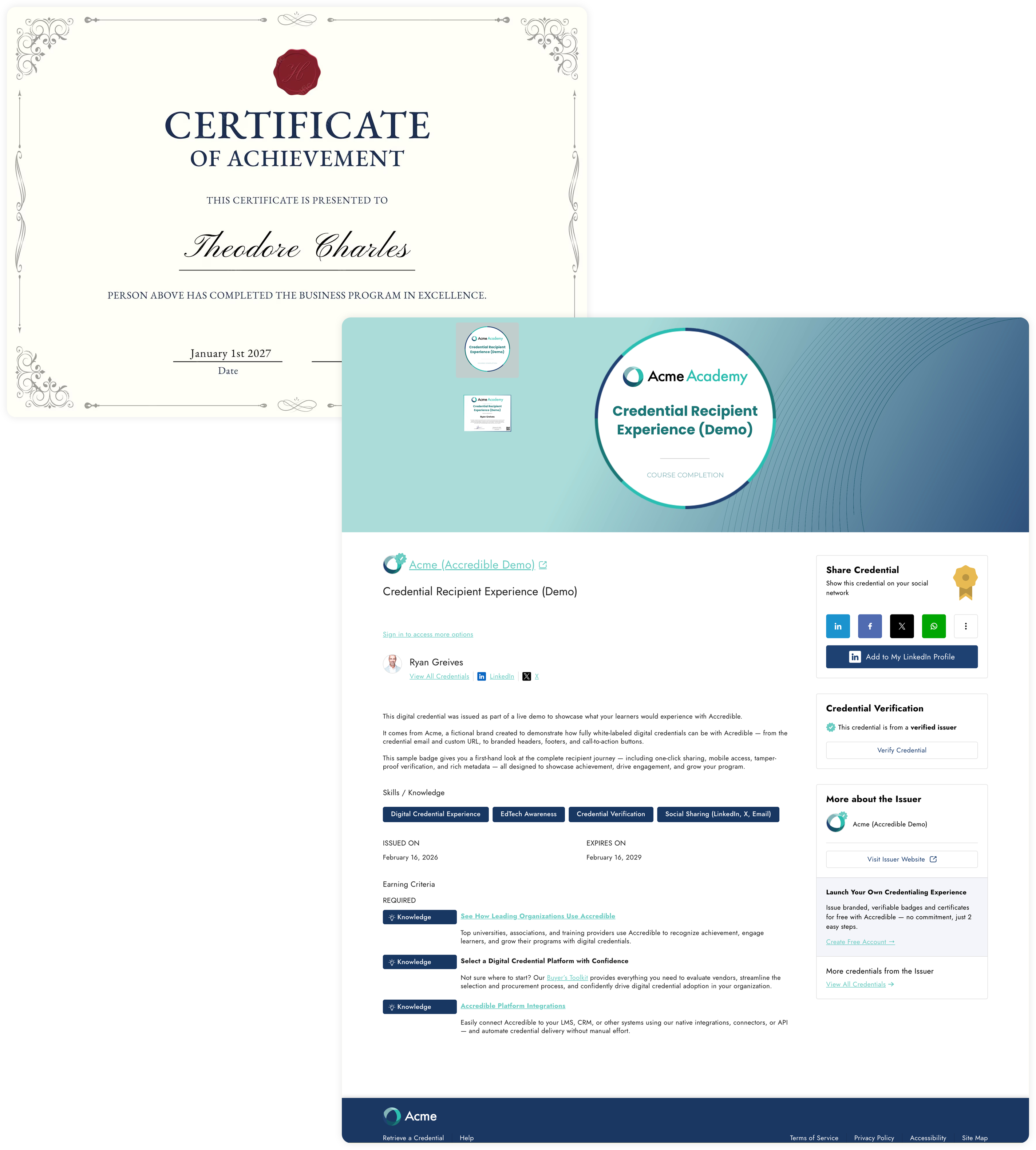 Side-by-side comparison of a traditional paper certificate and an Accredible white-labeled digital credential page, showing the hosted credential with share buttons, skills metadata, earning criteria, instant verification, and an issuer-controlled sidebar for custom marketing content.