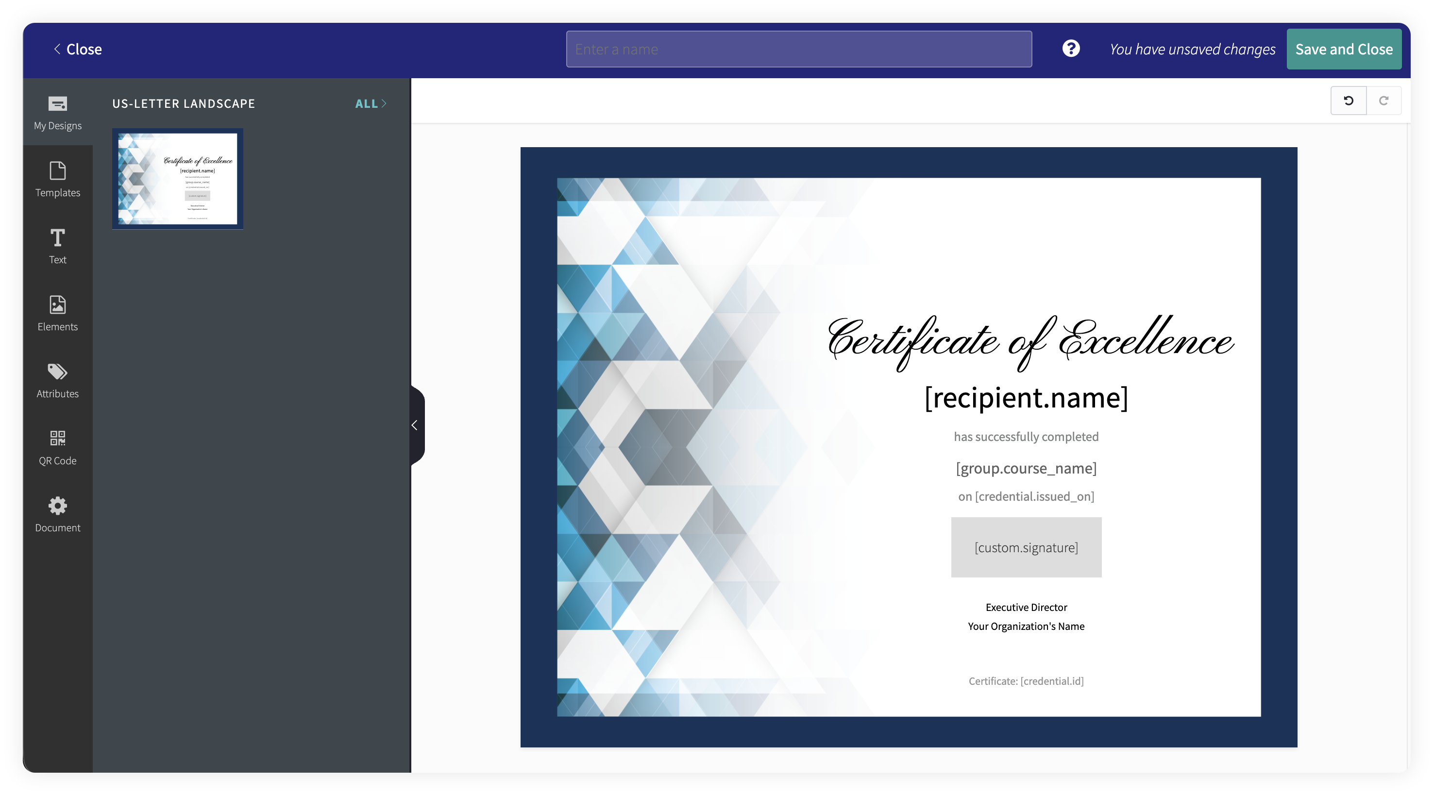 Screenshot of the Accredible Certificate Designer interface showing a drag-and-drop canvas with a Certificate of Excellence template, attribute placeholders for recipient name, course name, issue date, and signature, and a left-hand toolbar with options for templates, text, elements, attributes, QR code, and document settings.