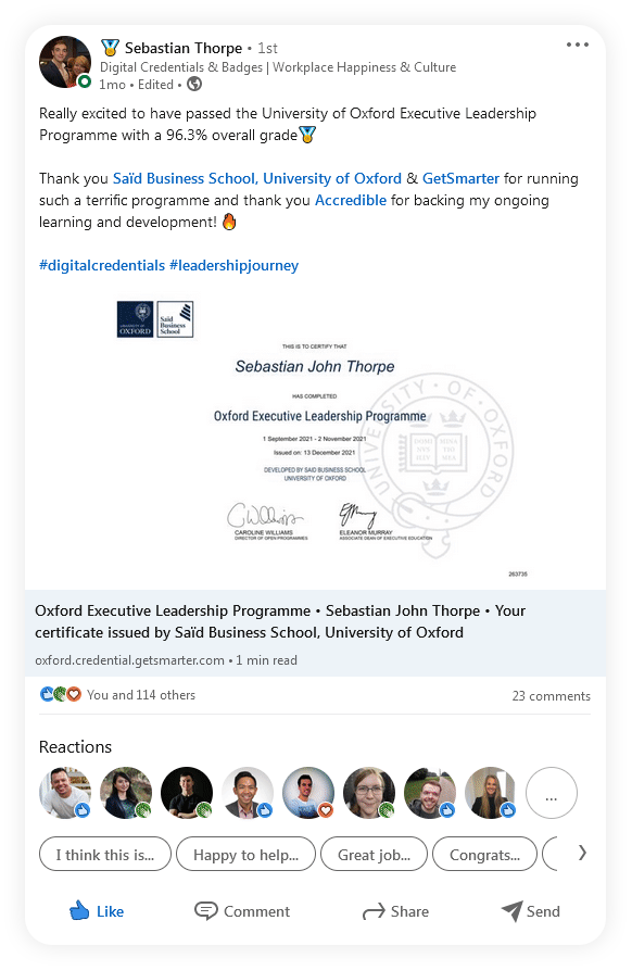LinkedIn post from Sebastian Thorpe sharing his Oxford Executive Leadership Programme digital certificate issued by Saïd Business School, University of Oxford, with 114 reactions and 23 comments, showing the credential preview card with issuer branding and a link to the hosted credential page.