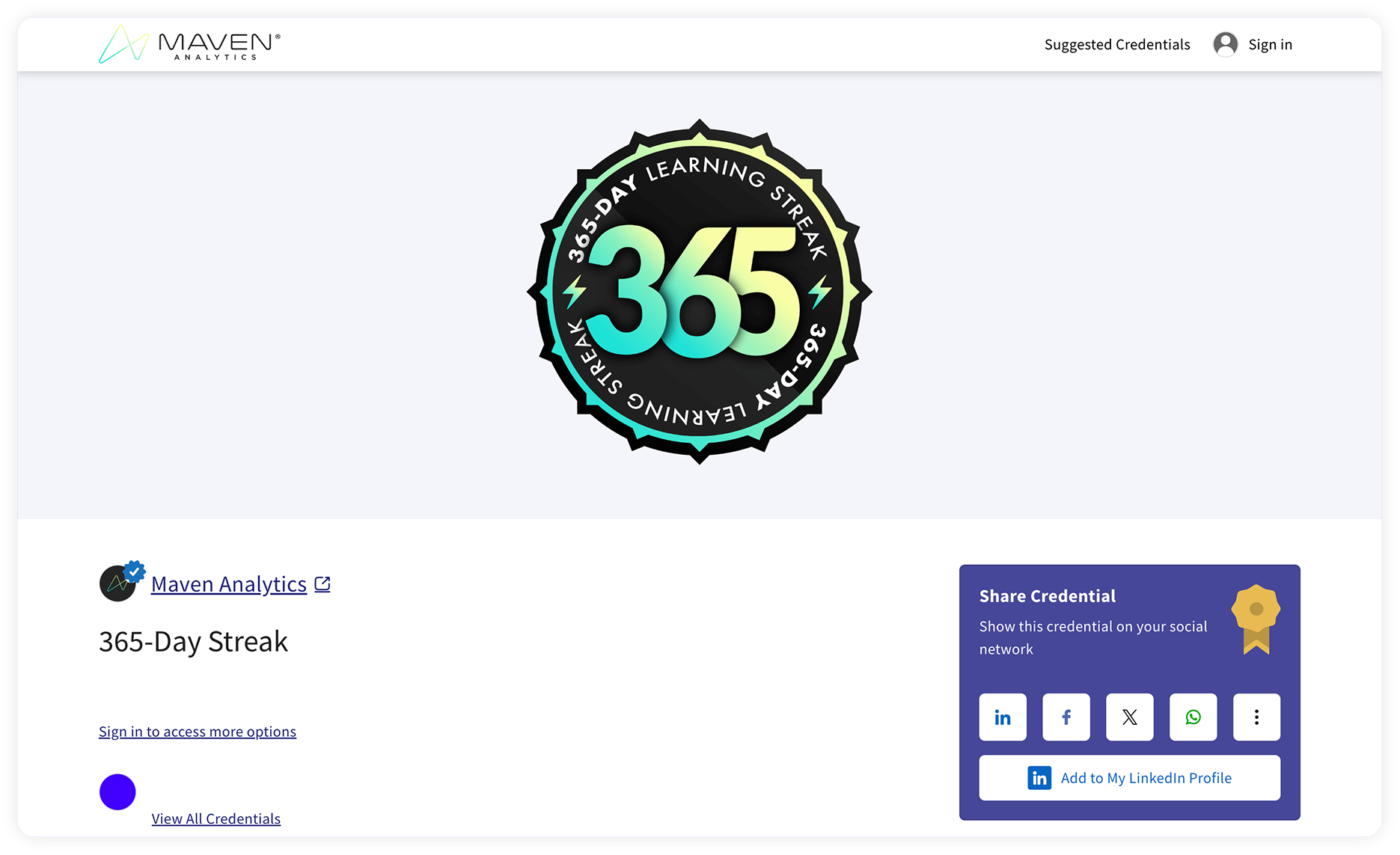 Maven Analytics 365-Day Learning Streak digital badge issued via Accredible, showing one-click sharing options for LinkedIn, Facebook, and WhatsApp