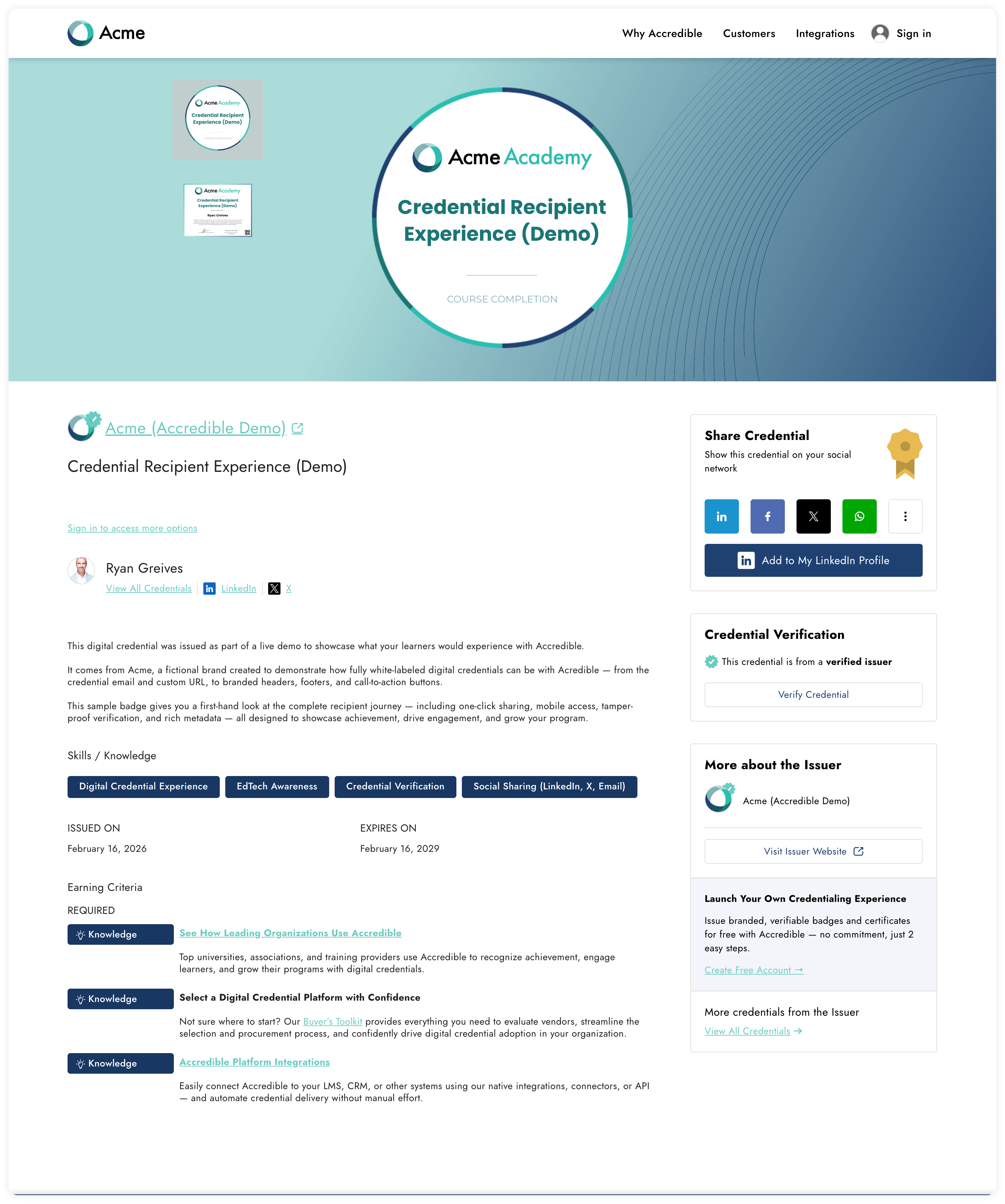 Accredible white-labeled credential page for Acme Academy showing a branded digital badge and certificate, one-click sharing buttons for LinkedIn, Facebook, X, and WhatsApp, credential verification, skills tags, earning criteria, and issuer information — with no third-party platform branding visible to the recipient.