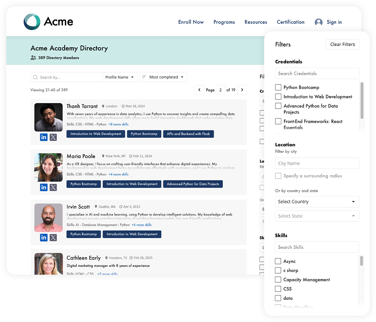 Accredible Spotlight Directory for Acme Academy showing 389 certified members in a searchable grid, with filter panels for credentials earned, location, and skills, allowing employers to find verified professionals by name, credential type, or skill set.