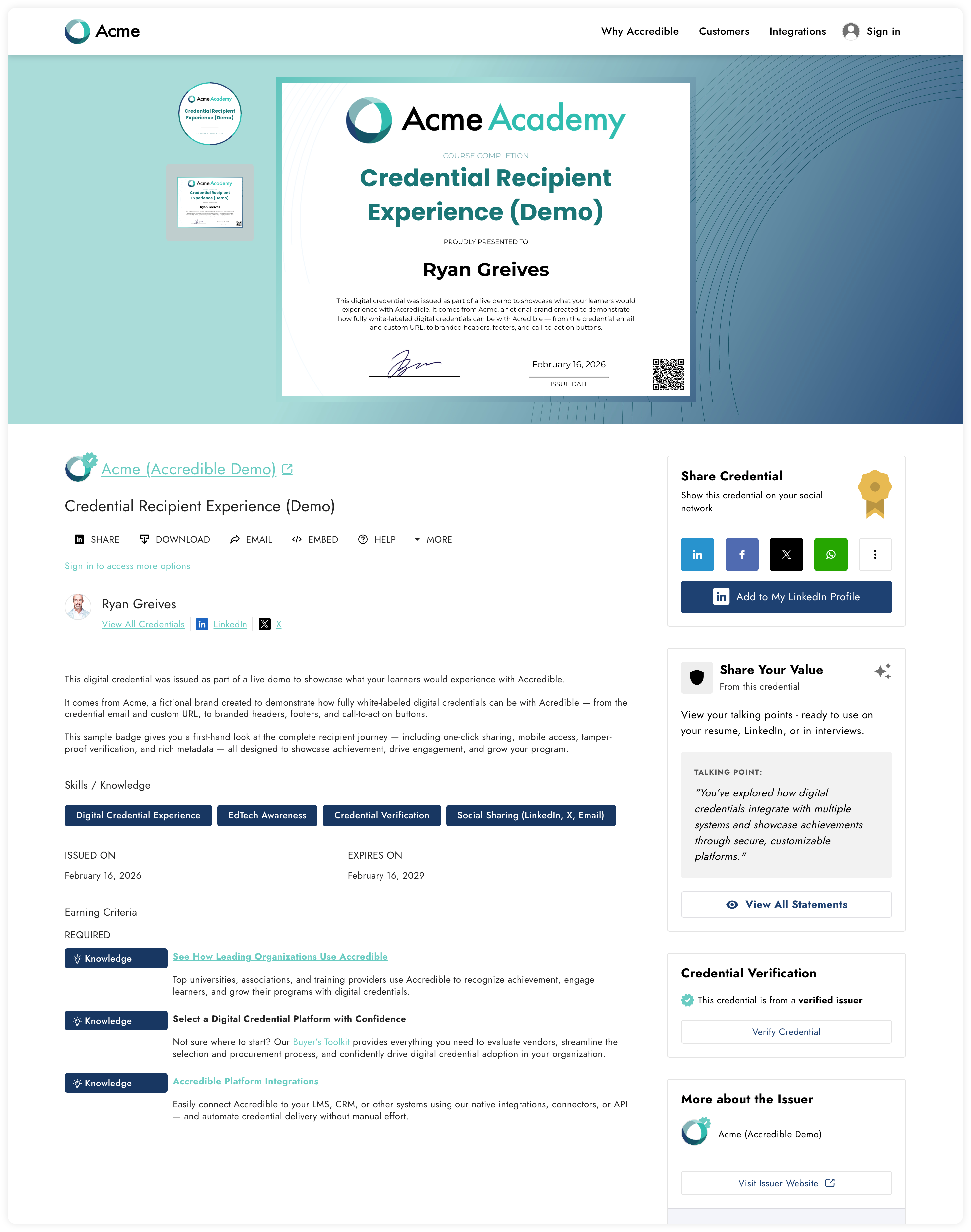 Example Accredible digital certificate showing a QR code for instant third-party verification