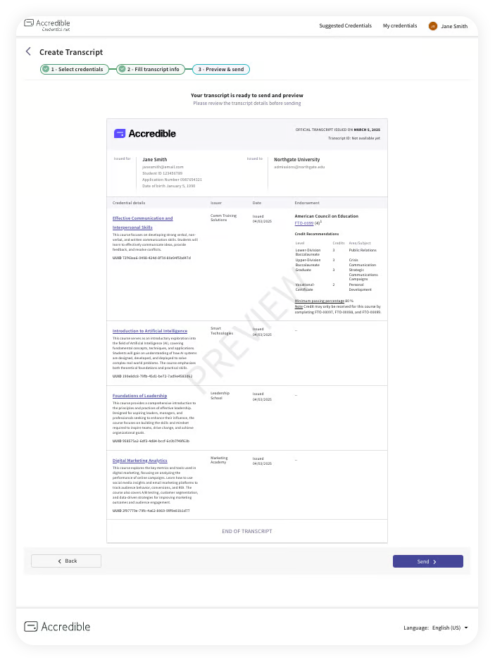 Screenshot of the Accredible platform showing the transcript creation interface