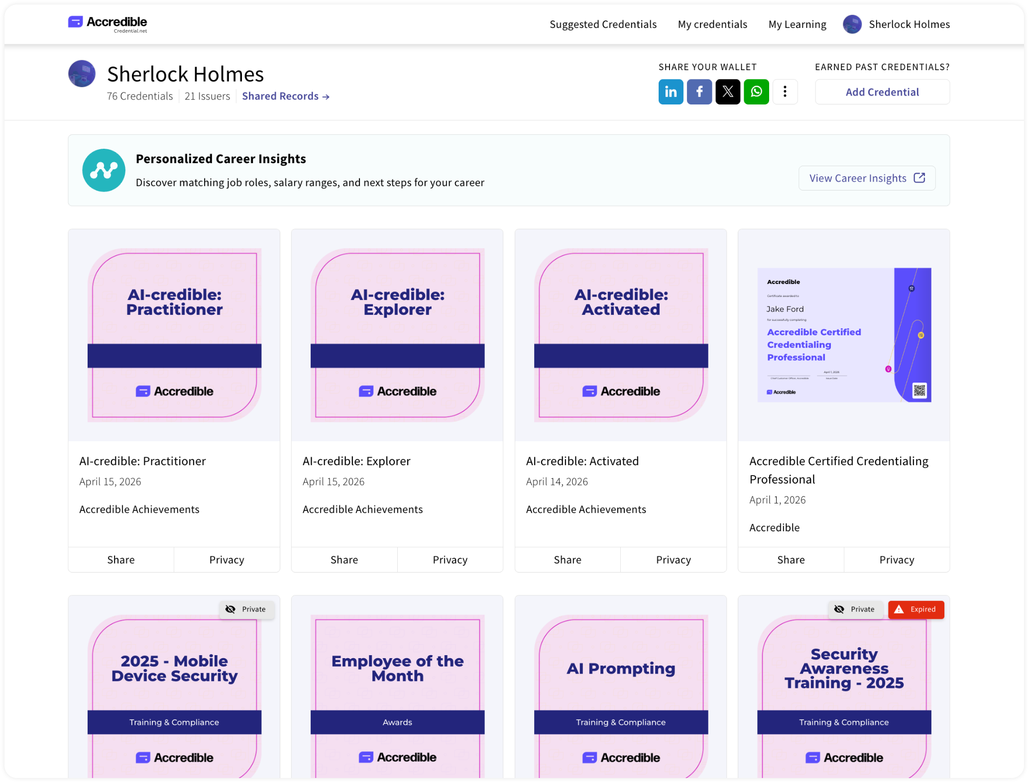 An unbranded digital credential wallet view showing multiple credentials accessible from one place