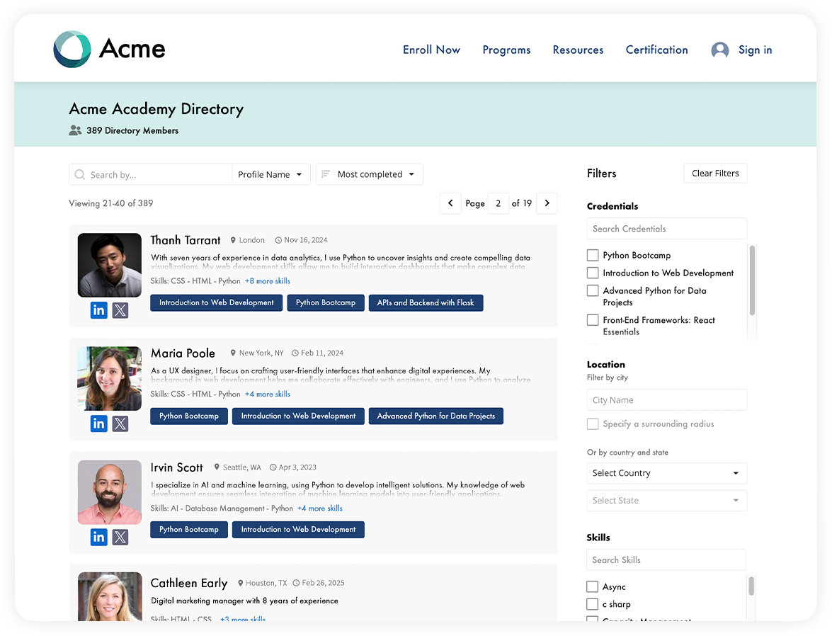 Example Accredible Spotlight Directory showing a branded, searchable hub of certified learners