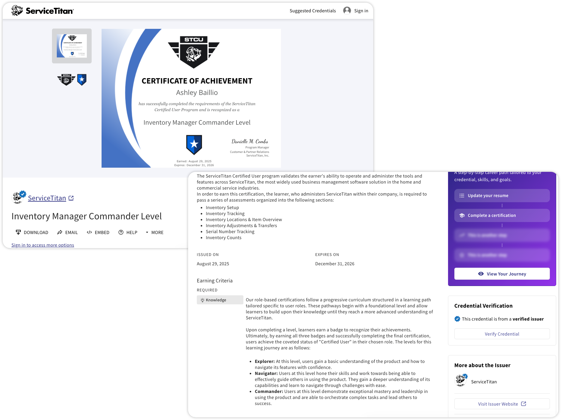 Example digital credential from ServiceTitan for Inventory Manager Commander Level