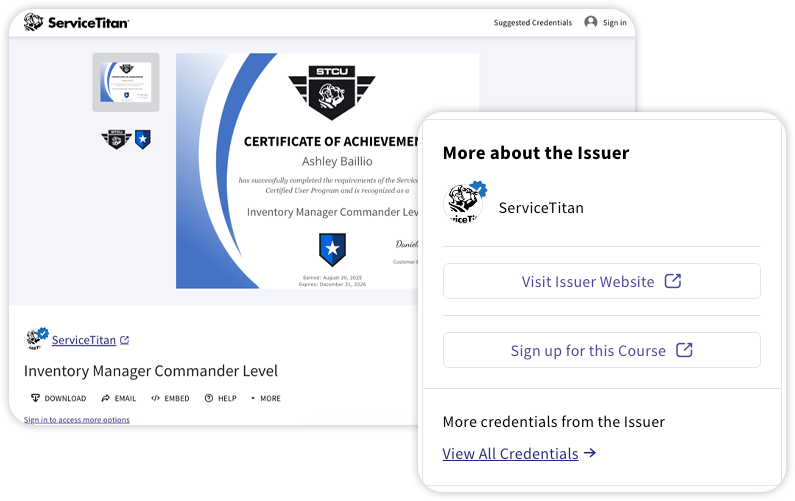 ServiceTitan credential page for an Inventory Manager Commander Level certificate, with a 'More about the Issuer' panel open showing the ServiceTitan logo, links to visit the issuer website and sign up for the course, and a link to view all credentials from the issuer.