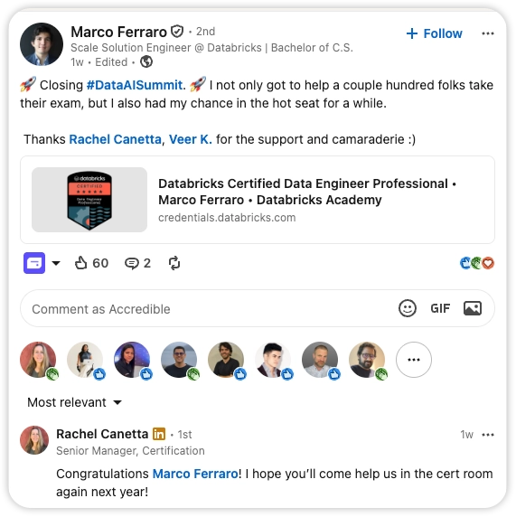 LinkedIn post from Marco Ferraro sharing a Databricks Certified Data Engineer Professional credential from Databricks Academy, with a caption about closing the Data + AI Summit, 60 reactions, 2 comments, and a congratulatory comment from Rachel Canetta.