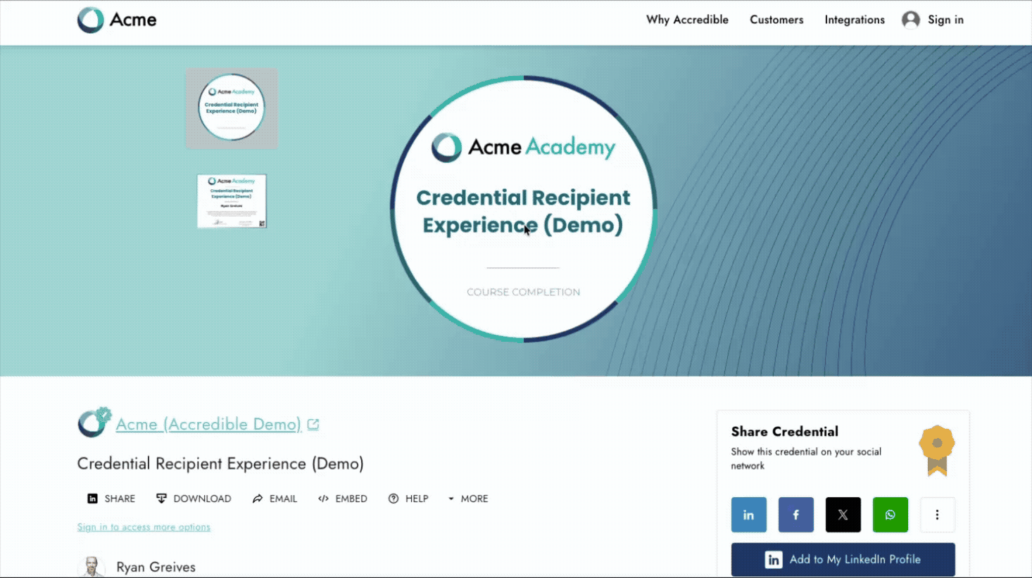 A GIF showing how to easily share a digital credential to your LinkedIn timeline