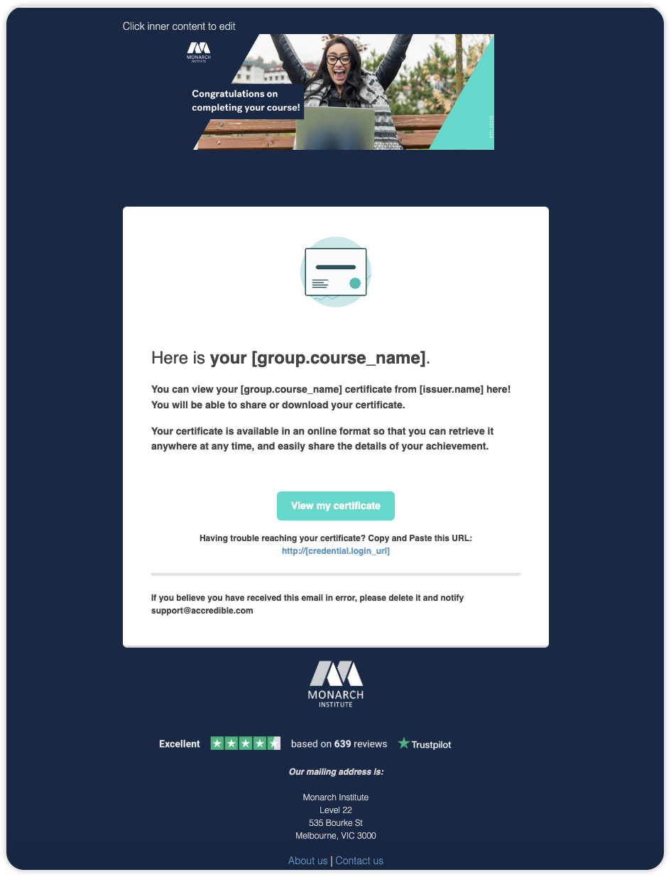 Branded credential delivery email with a congratulations banner, certificate icon, and 'View my certificate' button.