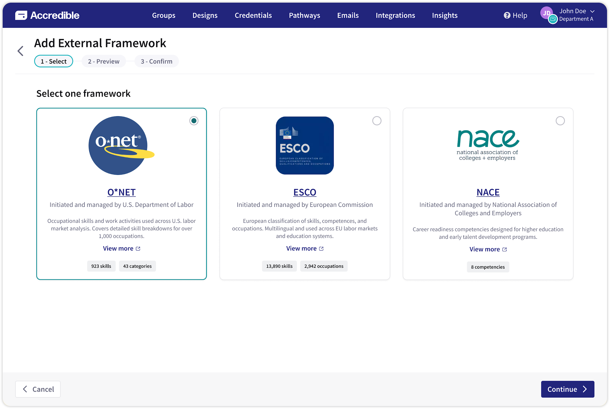 Accredible 'Add External Framework' setup screen showing step 1 of 3 (Select), with three selectable skills framework options: O*NET (923 skills, 43 categories) from the U.S. Department of Labor, ESCO (13,890 skills, 2,942 occupations) from the European Commission, and NACE (8 competencies) from the National Association of Colleges and Employers.