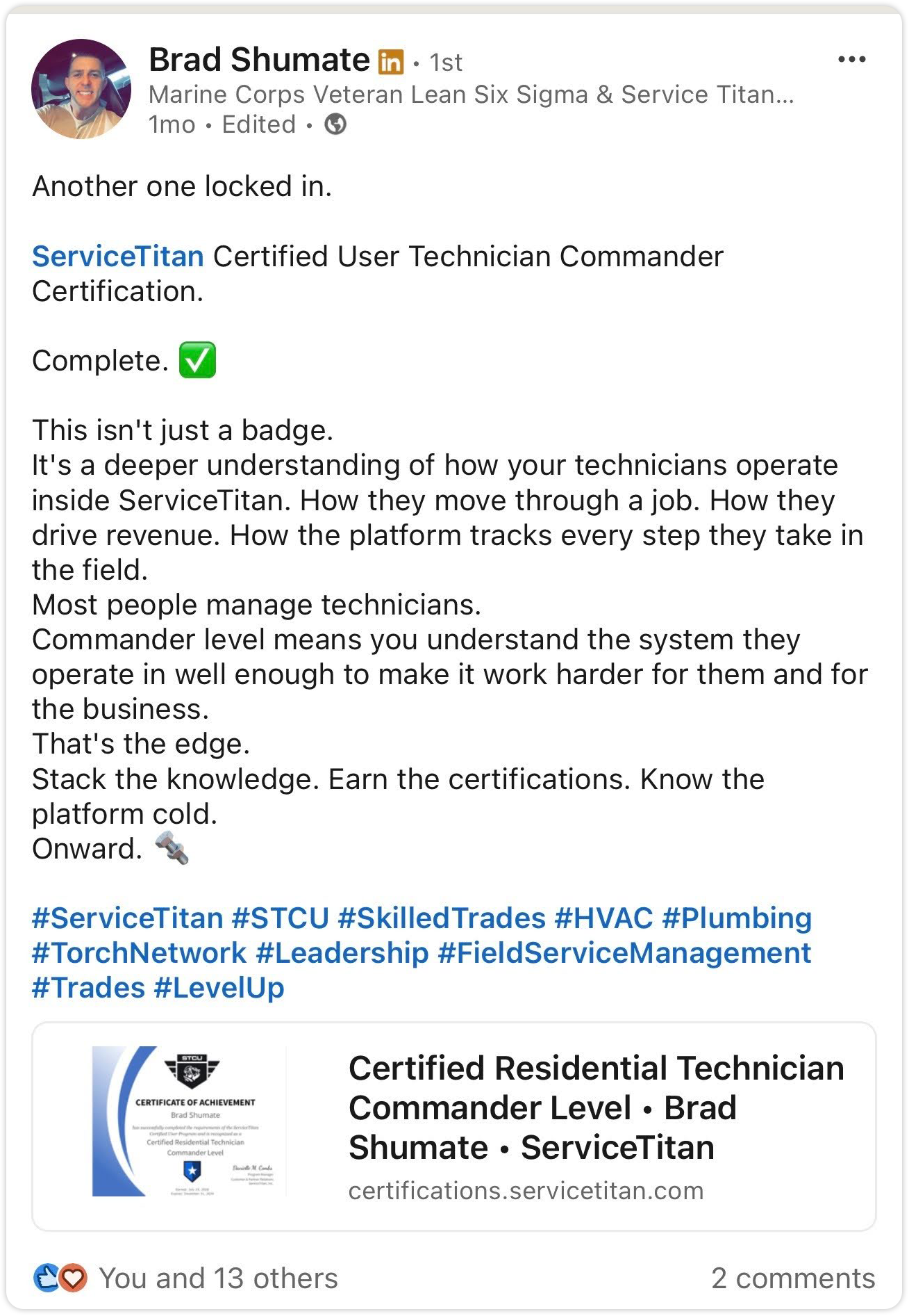 Learner testimonial shared from LinkedIn for earning a ServiceTitan digital credential