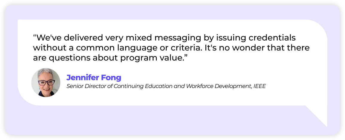 Purple-bordered quote card with a headshot of Jennifer Fong, Senior Director of Continuing Education and Workforce Development at IEEE, reading: "We've delivered very mixed messaging by issuing credentials without a common language or criteria. It's no wonder that there are questions about program value."