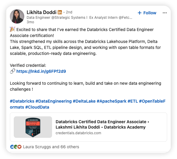 Screenshot of a LinkedIn post by Likhita Doddi announcing she earned the Databricks Certified Data Engineer Associate certification, describing skills gained in the Databricks Lakehouse Platform, Delta Lake, Spark SQL, and ETL pipeline design, with a verified credential link and hashtags. A credential preview card and reactions from Laura Scruggs and 66 others appear below the post.