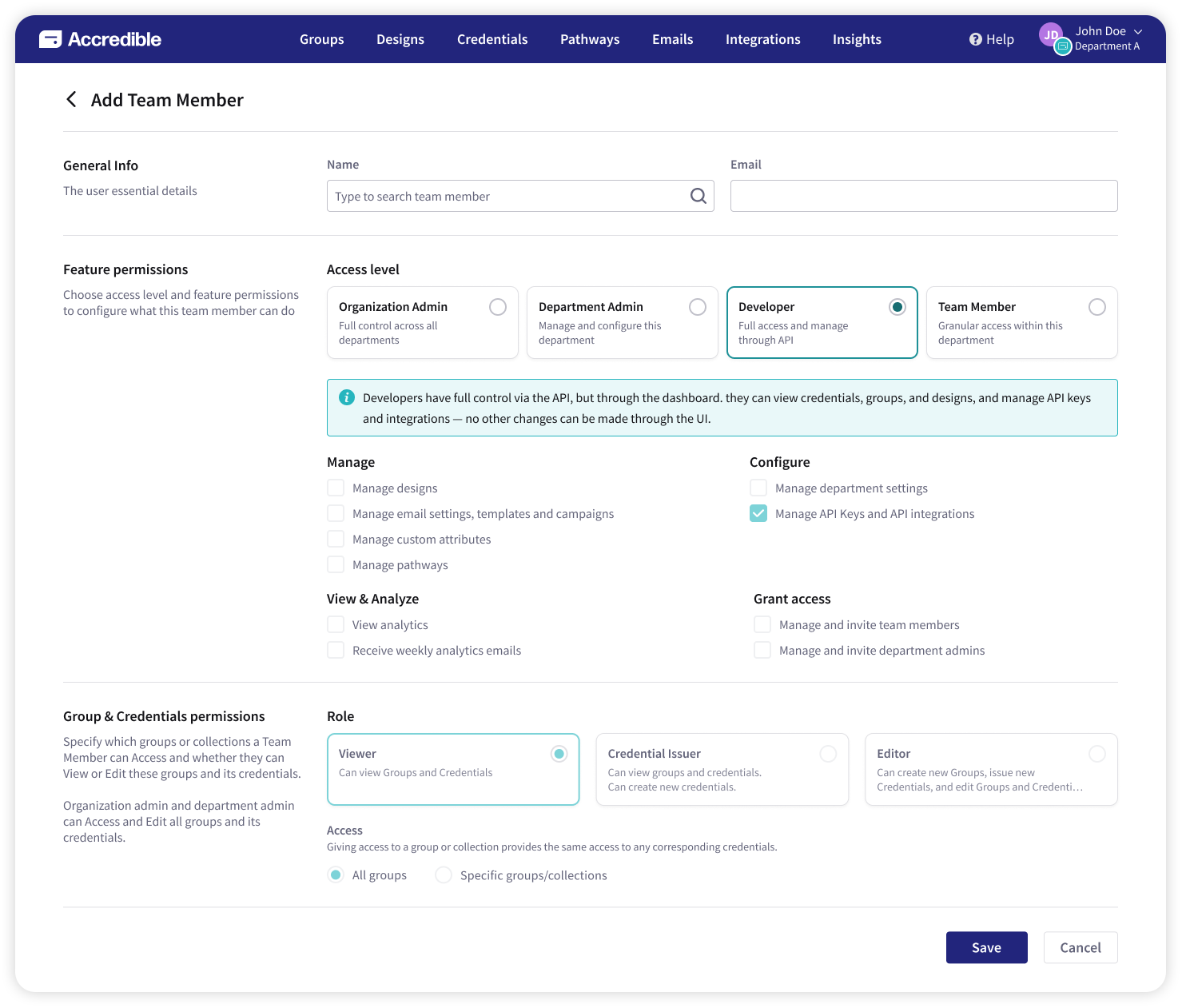 Screenshot of Accredible's "Add Team Member" settings page with "Developer" selected under Access level, shown alongside Organization Admin, Department Admin, and Team Member options. An info banner explains Developers have full API control but limited dashboard access, with only "Manage API Keys and API integrations" checked under Configure. Below, Group & Credentials permissions shows "Viewer" selected as the role with access to All groups.