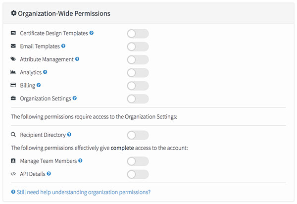 Screenshot showing the different team member permission settings available to customize