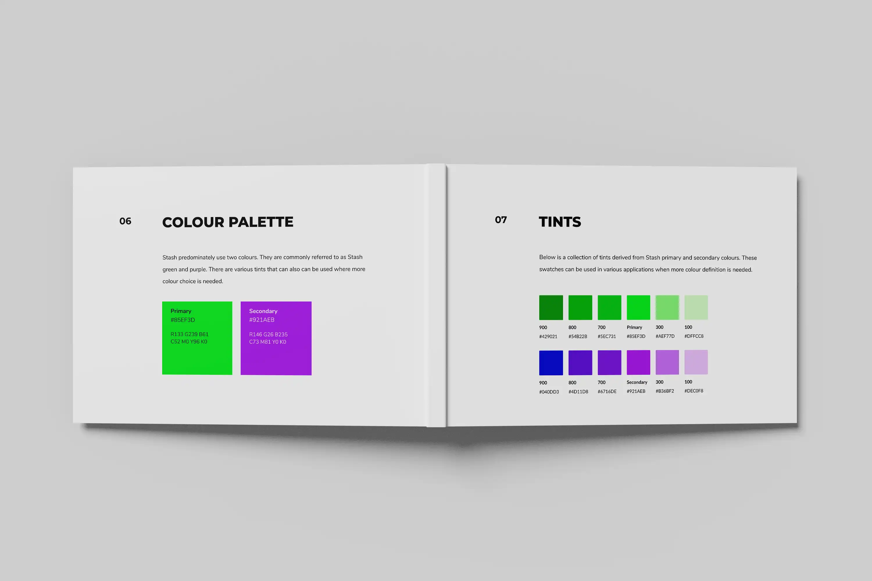 Mockup of Stash brand book displaying stash colour palette and tints
