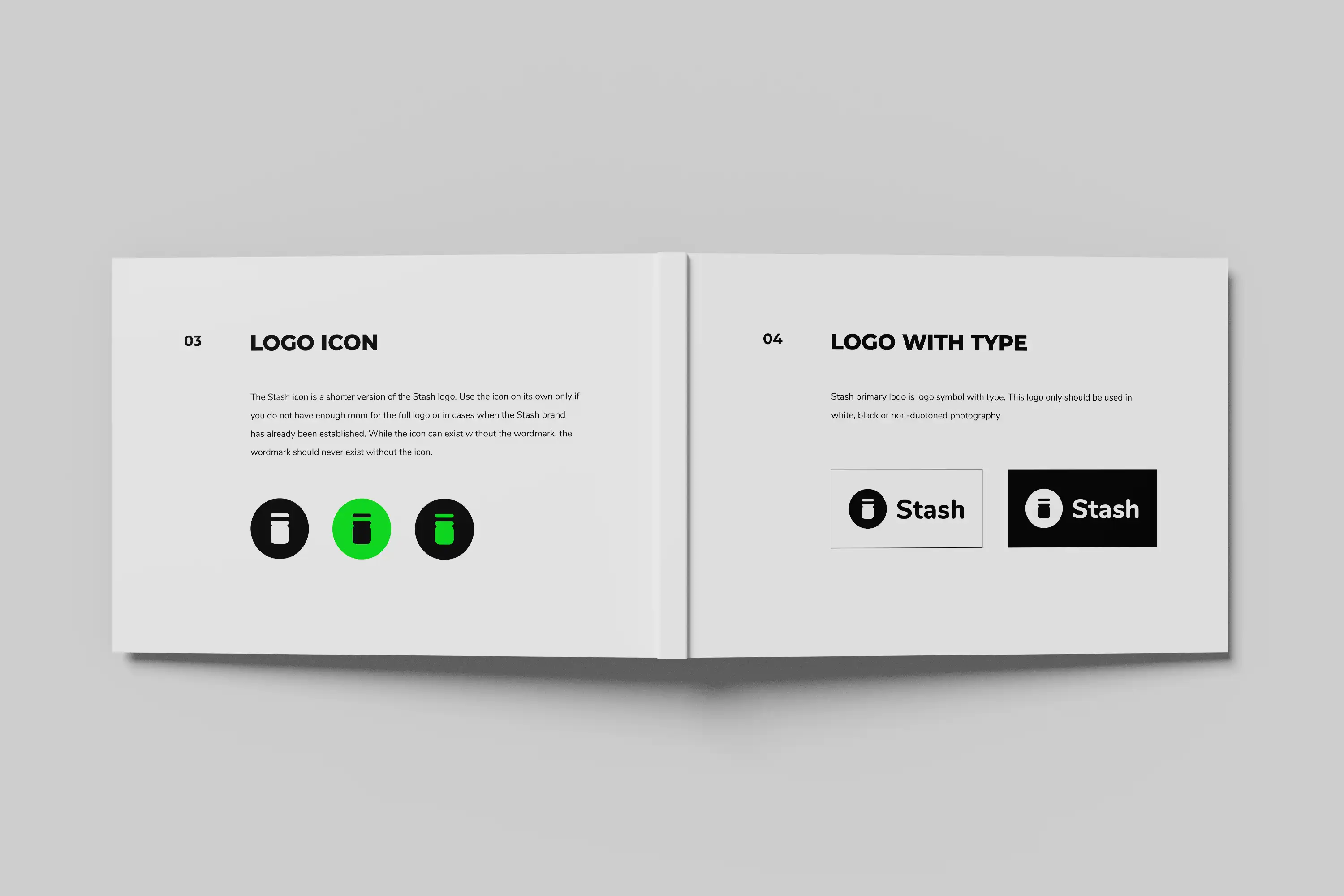 Mock up of Stash logo brand book displaying logo icon and logo with type pages