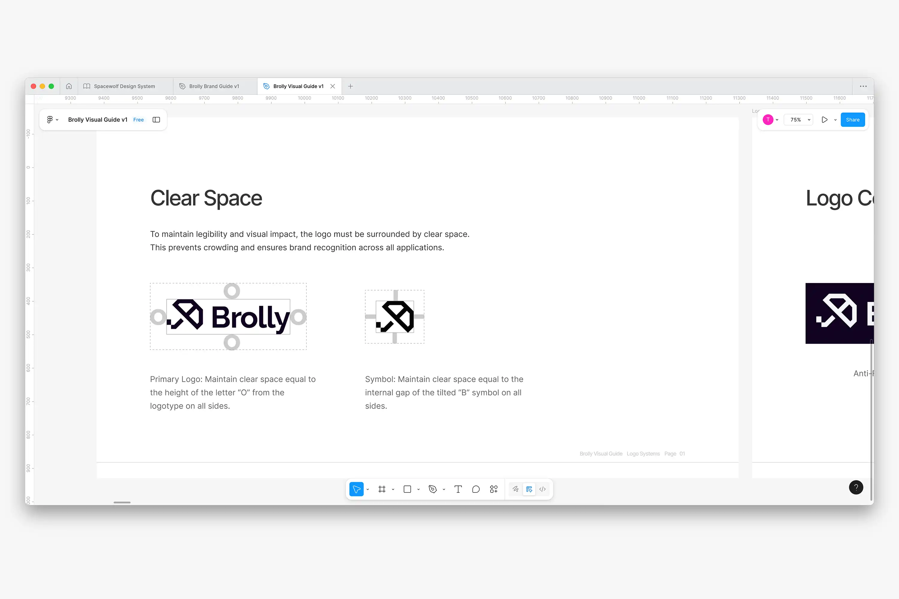 Mock up of Brolly logo brand book displaying logo icon and logo variations and what not to do pages
