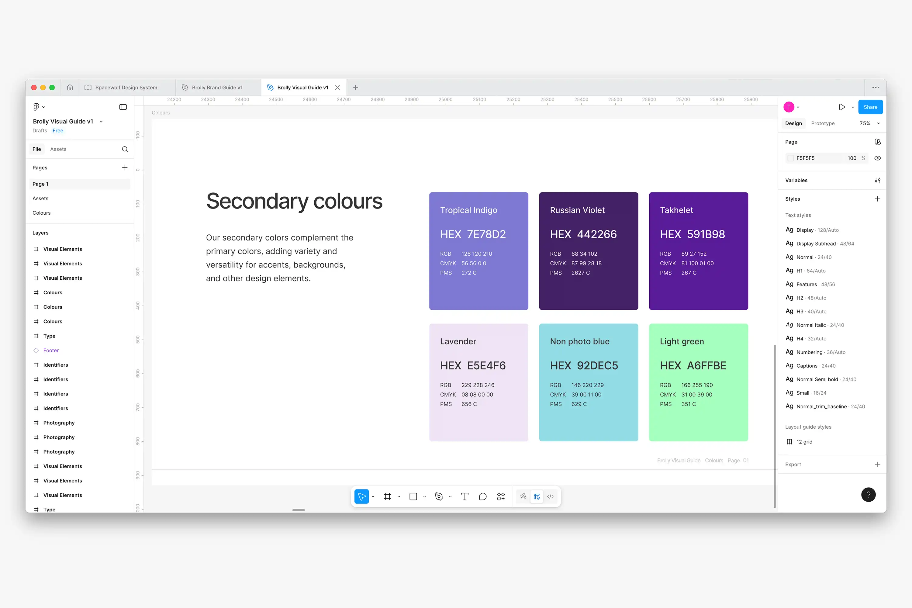 Mockup of Brolly brand book displaying Brolly colour palette and tints