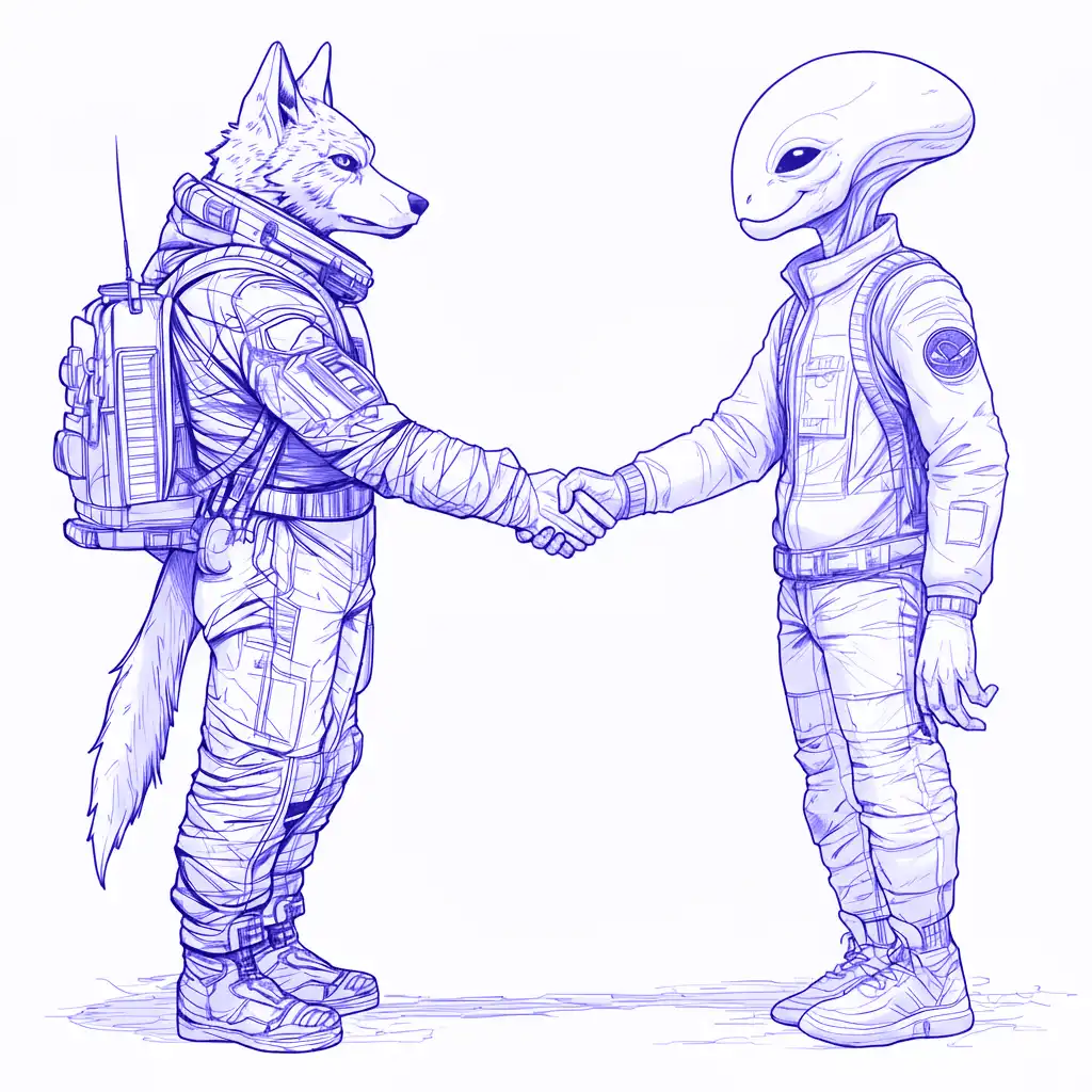 Astronaut wolf shaking hands with alien symbolising transparent marketing partnerships and real results for Melbourne businesses