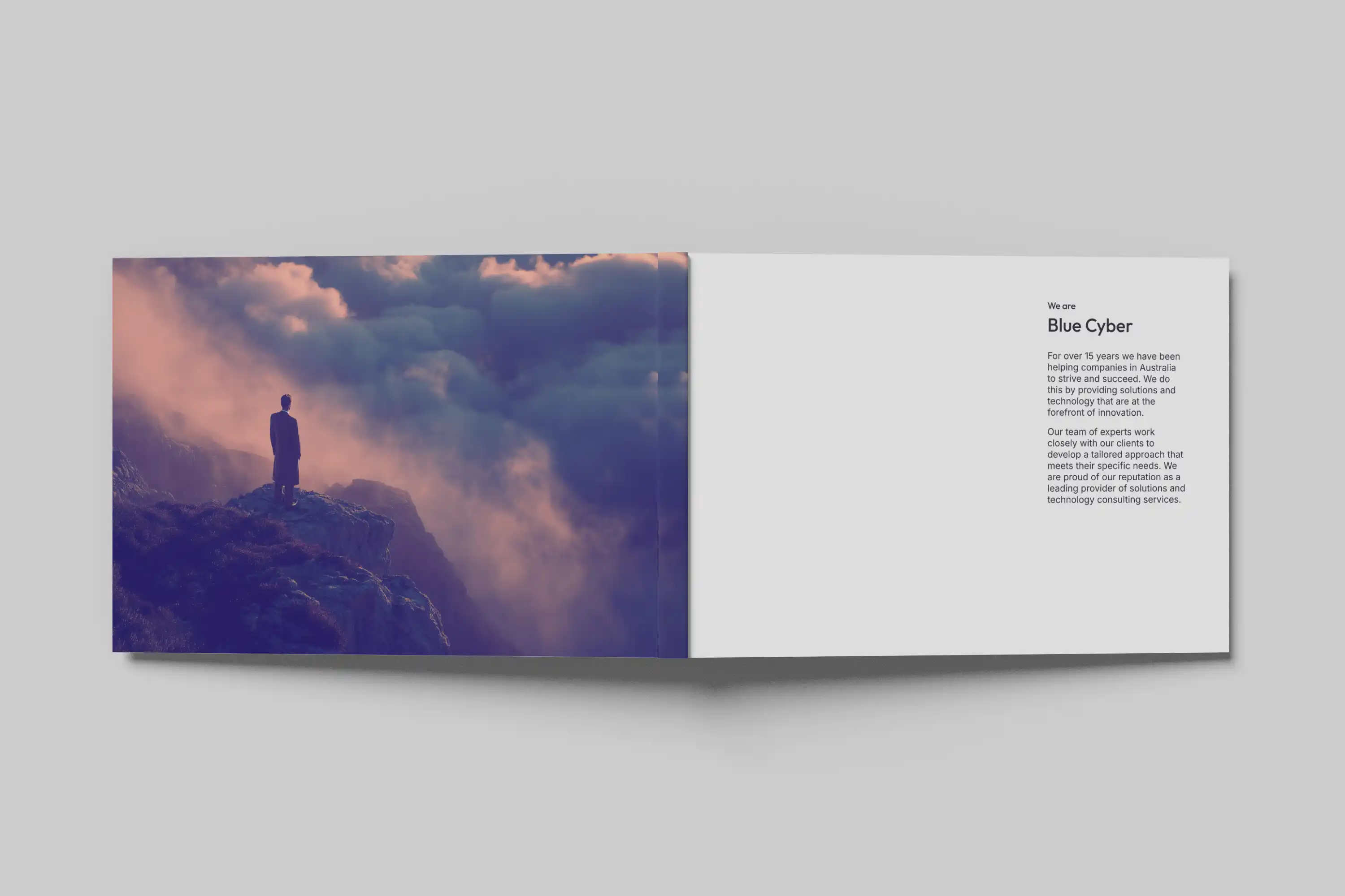 BlueCyber brochure design showing strategic branding layout for Melbourne IT company with visionary concept imagery