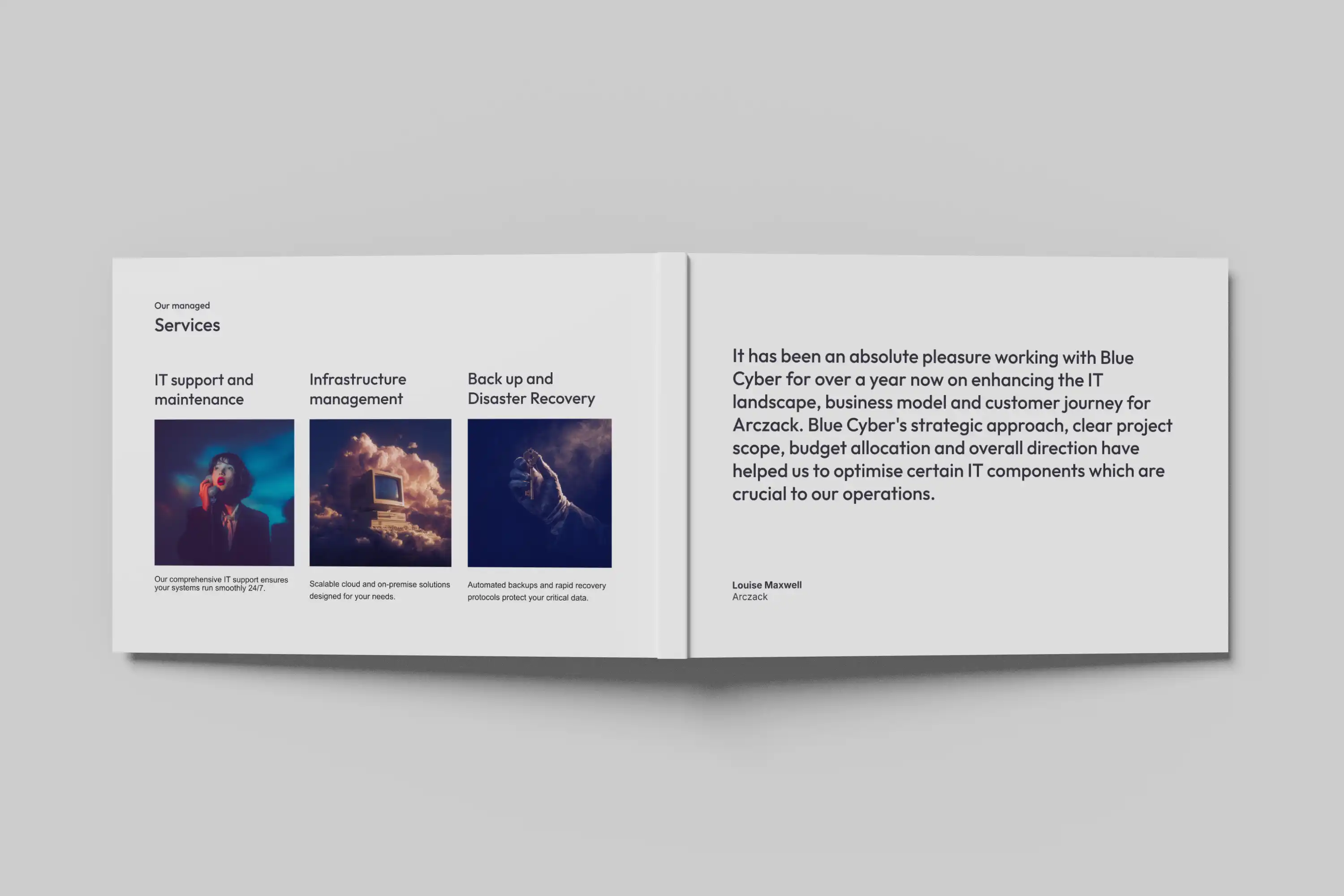 Brochure design layout for Melbourne IT company BlueCyber featuring managed service visuals and client testimonial