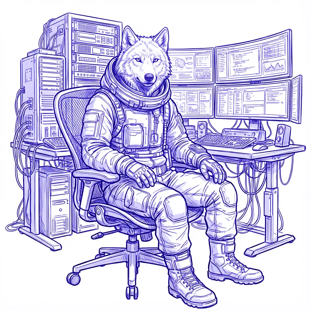 Expert wolf consultant at high-tech workstation managing ChatGPT optimisation strategy for Melbourne businesses