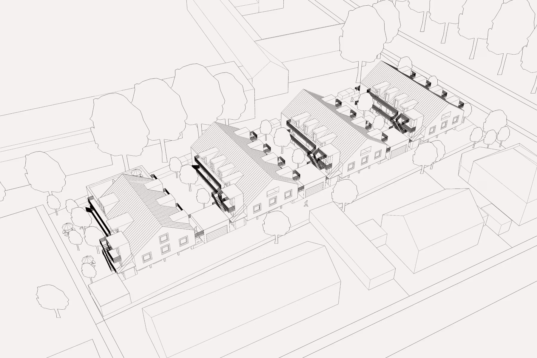 Isometrische Architekturzeichnung mit vier länglichen Wohngebäuden mit Spitzdächern, umgeben von Bäumen und Wegen.