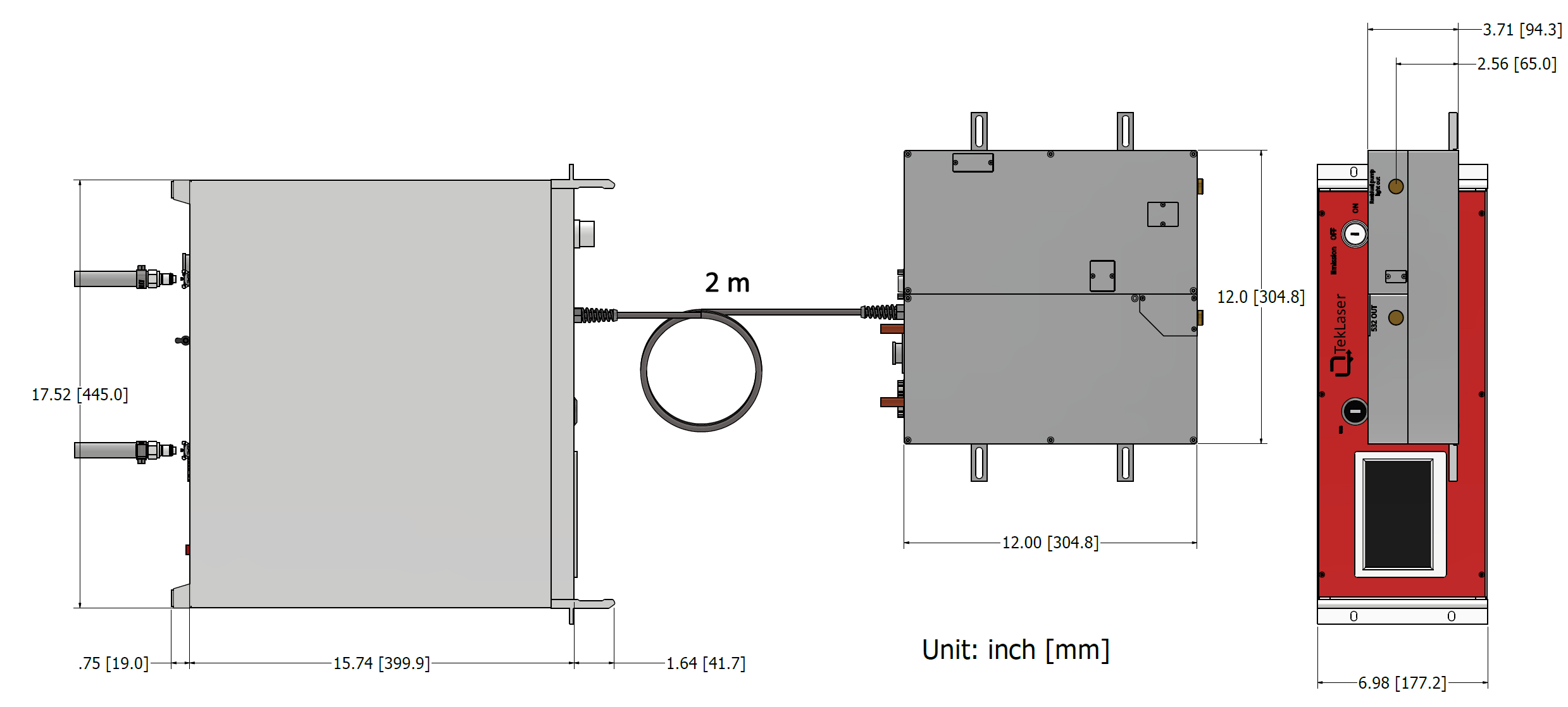 532 nm complete fiber-laser system mechanical dimensions.