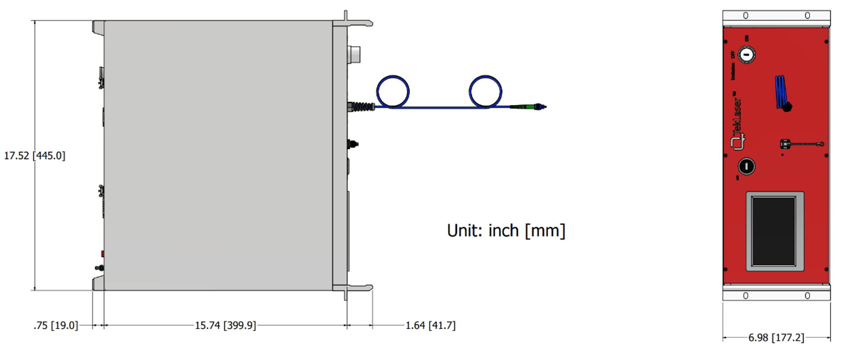 770 nm fiber laser mechanical dimensions, 4U water cooled