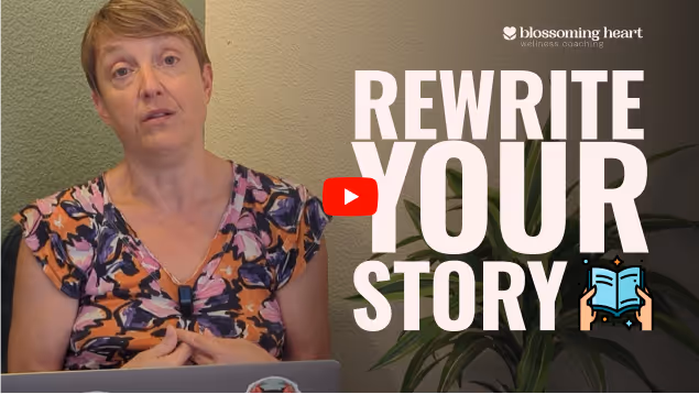 Woman speaking in front of a laptop with overlay text "Rewrite Your Story" 