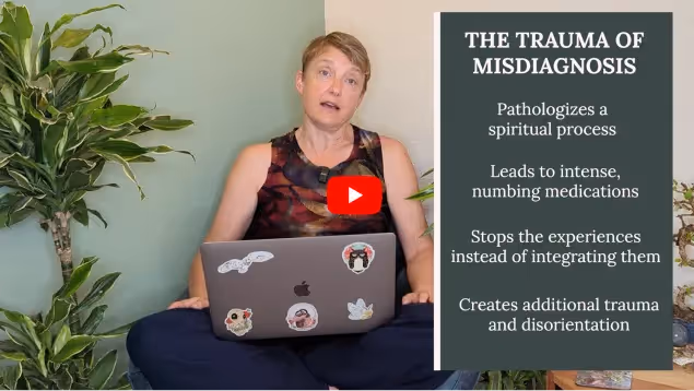 Woman sitting with a laptop, discussing the trauma of misdiagnosis during a spiritual emergency, with key points listed beside her on screen.