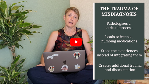 Woman sitting with a laptop, discussing the trauma of misdiagnosis during a spiritual emergency, with key points listed beside her on screen.