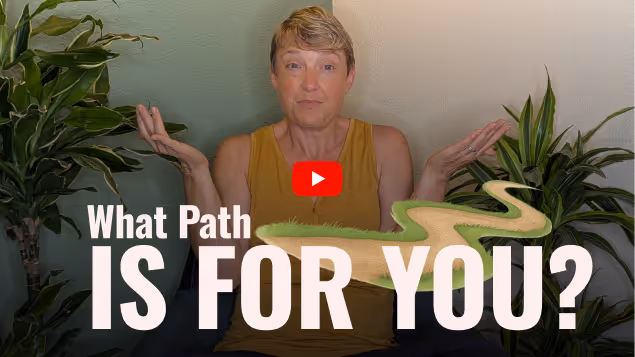 A woman sits with hands raised in a questioning gesture, surrounded by plants, with the caption “What Path Is For You?” and an illustrated winding path.
