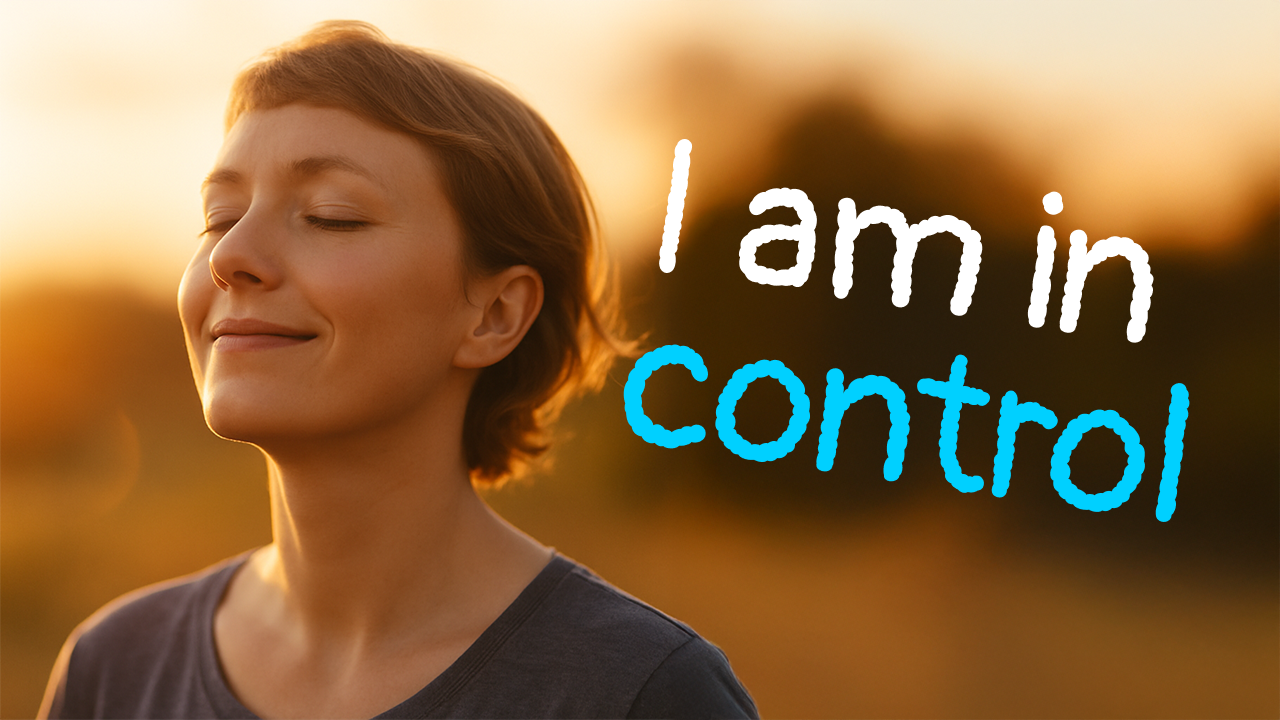 A serene woman with closed eyes at sunset, next to the text "I am in control," affirming self-control and peaceful mindfulness.