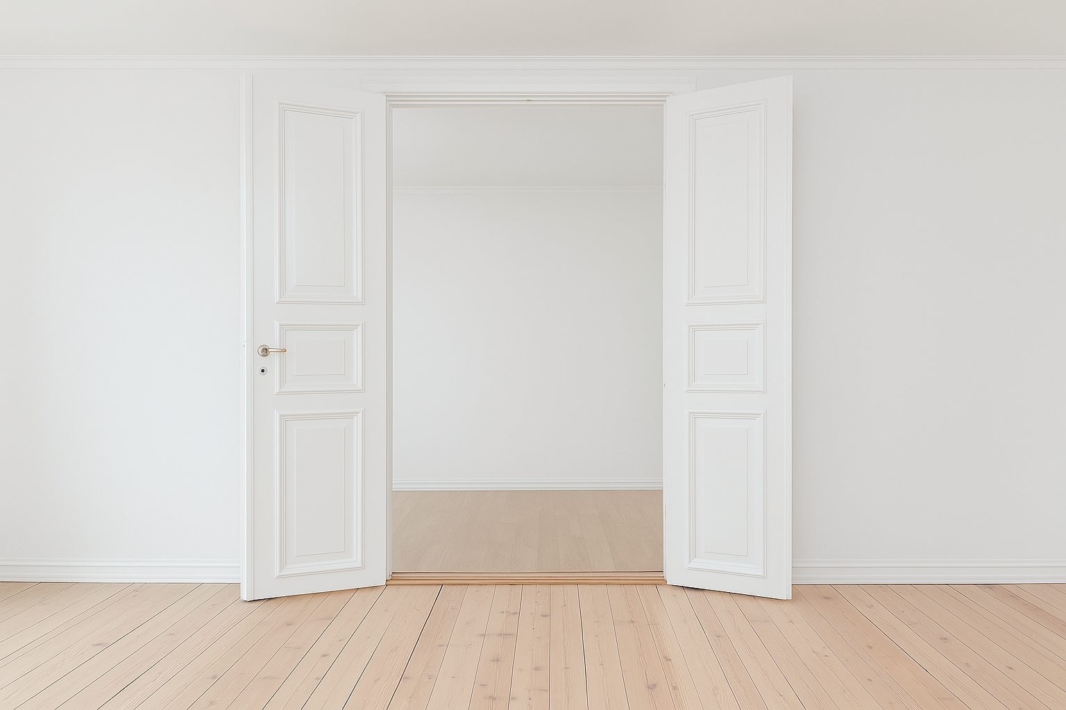 Frisch renoviertes Wohnzimmer. Lackierte Türen und Parket