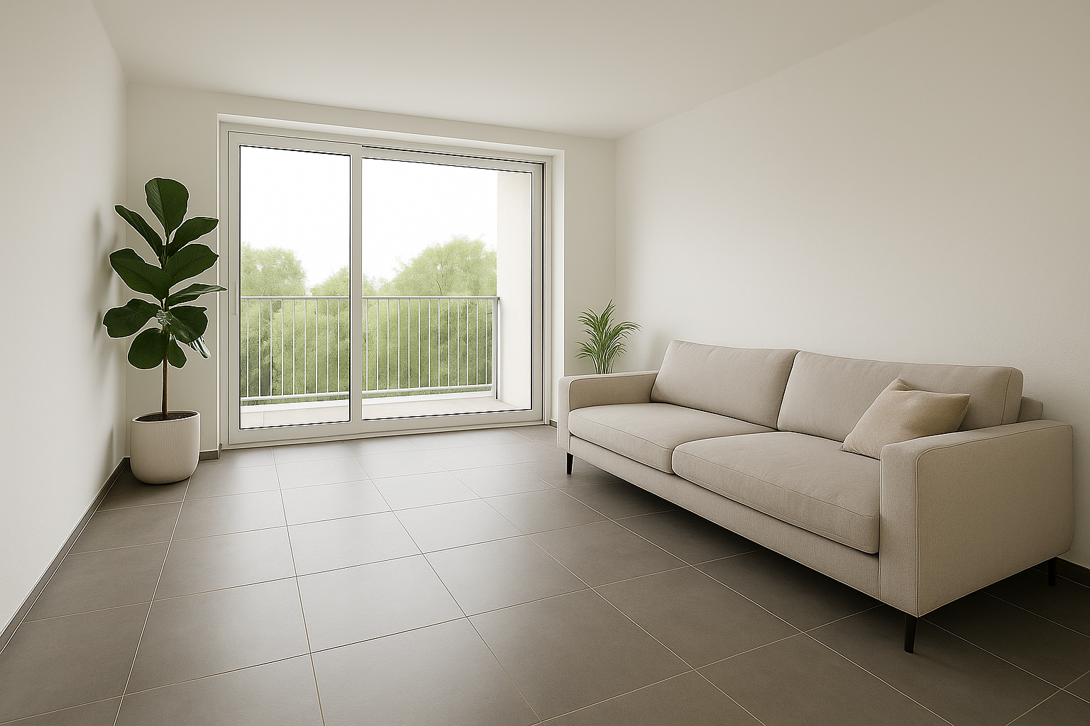 Schlafzimmer mit Balkon mit schwarzen Fliesen und weißen Wänden