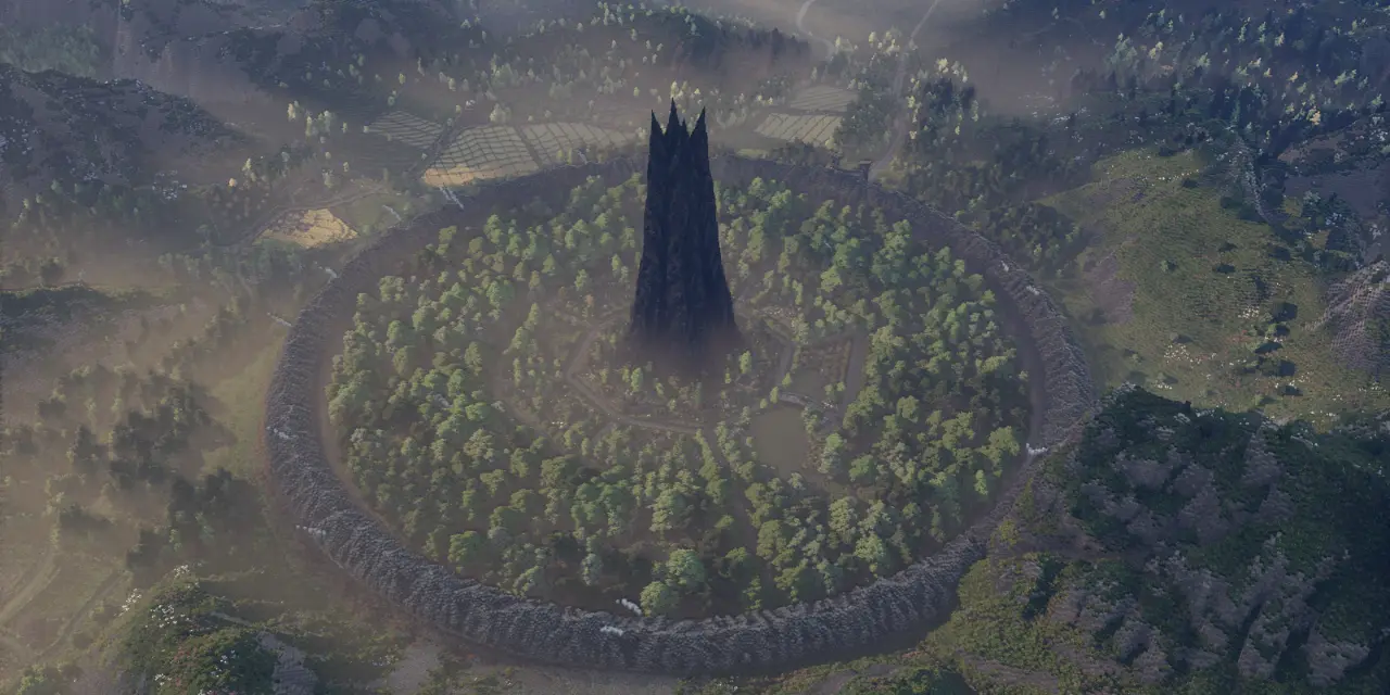 The tall dark tower of Isengard surrounded by mountains and fields in minecraft