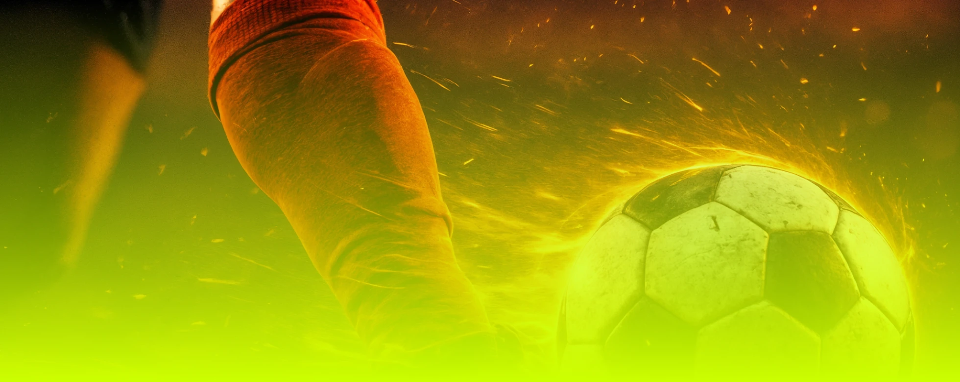 Soccer player kicking a glowing soccer ball with sparks flying.