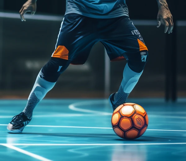 Indoor soccer player controlling an orange ball on a blue court.