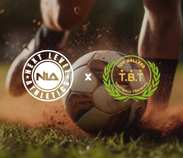 Close-up of a soccer ball on grass with a player's legs and boots kicking it, overlaid with Next Level Athletics and Top Ballers Football Training logos.