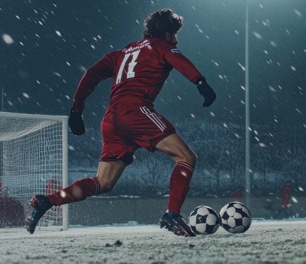 Soccer player in a red uniform kicking a ball on a snowy field during a nighttime match.