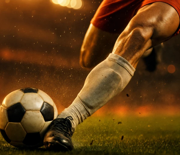 Close-up of a soccer player's leg and foot kicking a black and white soccer ball on a grass field at sunset.
