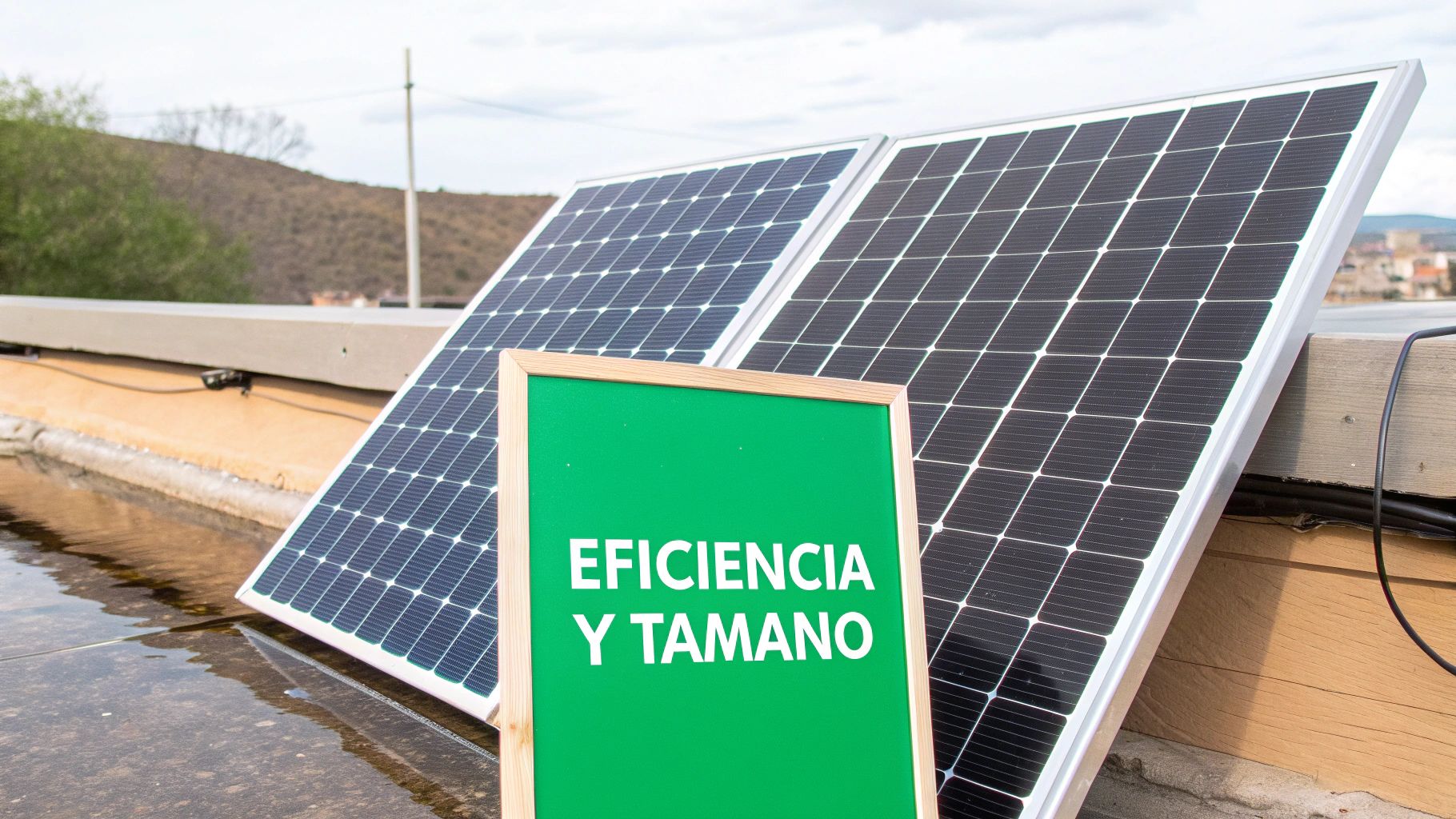 Persona sosteniendo un pequeño panel solar frente a una instalación más grande en un techo, ilustrando la diferencia de tamaño y potencia.