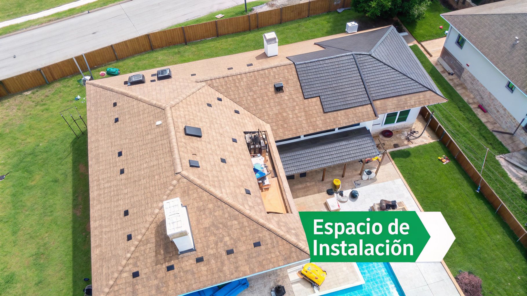 Instalación de paneles solares en un techo con vista al mar Caribe en Cancún, Quintana Roo.