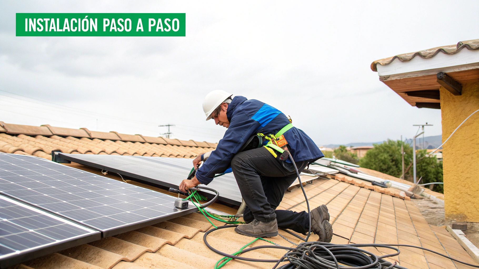 Un técnico certificado revisando las conexiones eléctricas seguras de un sistema solar, cumpliendo con la normativa.