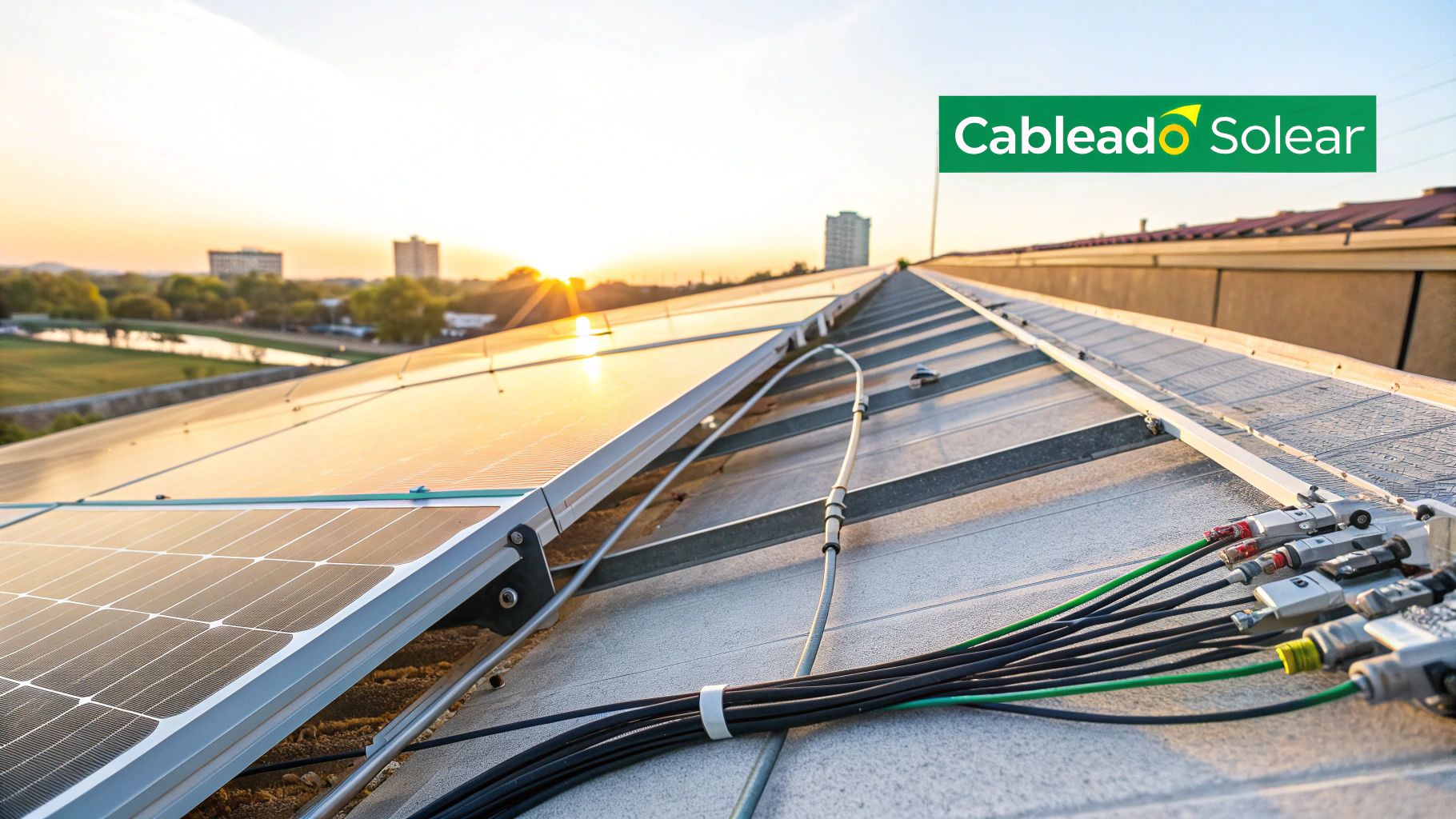 Una instalación de cableado para paneles solares en el techo de una casa, mostrando los cables organizados y conectados de manera segura
